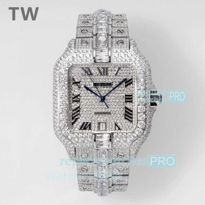 TW Factory Replica Automatic Movement Cartier Santos Men 40MM Full Diamond Watch